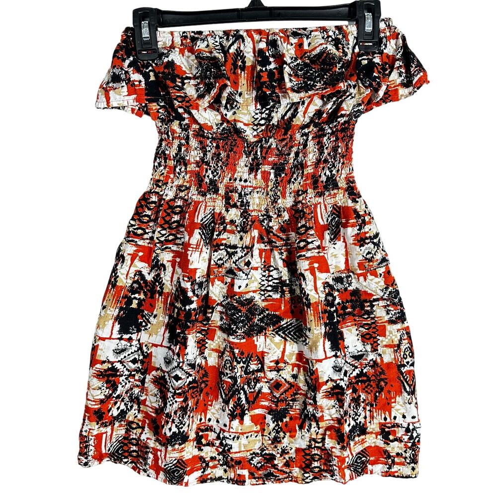 Vintage Y2K 579 Dress XS Orange Black Off Shoulder Artsy Boho Smocked Bodice